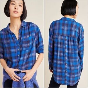Anthropologie Top Isadora Button-Back Tunic Long Sleeve Plaid Blue M